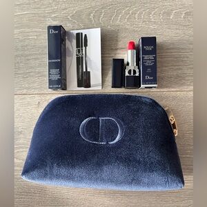 NWT Dior Beauty Navy Velvet Cosmetic Bag with Mini Dior Show Mascara & Lipstick